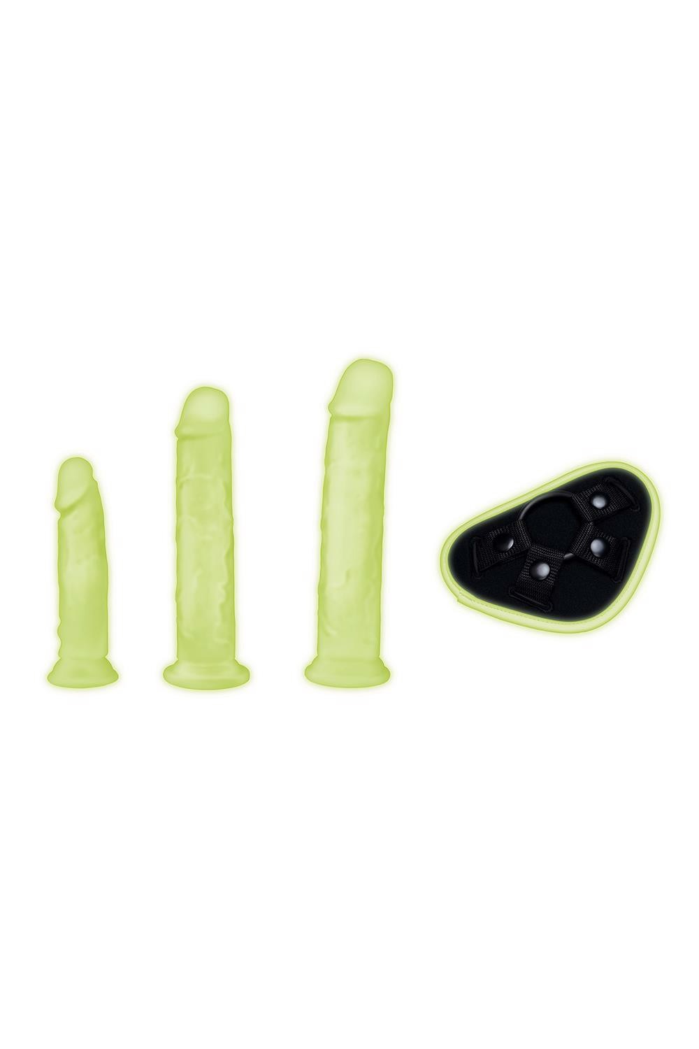 Страпон люмінесцентний Whipsmart Glow in the Dark із 3 насадками, чорний-білий