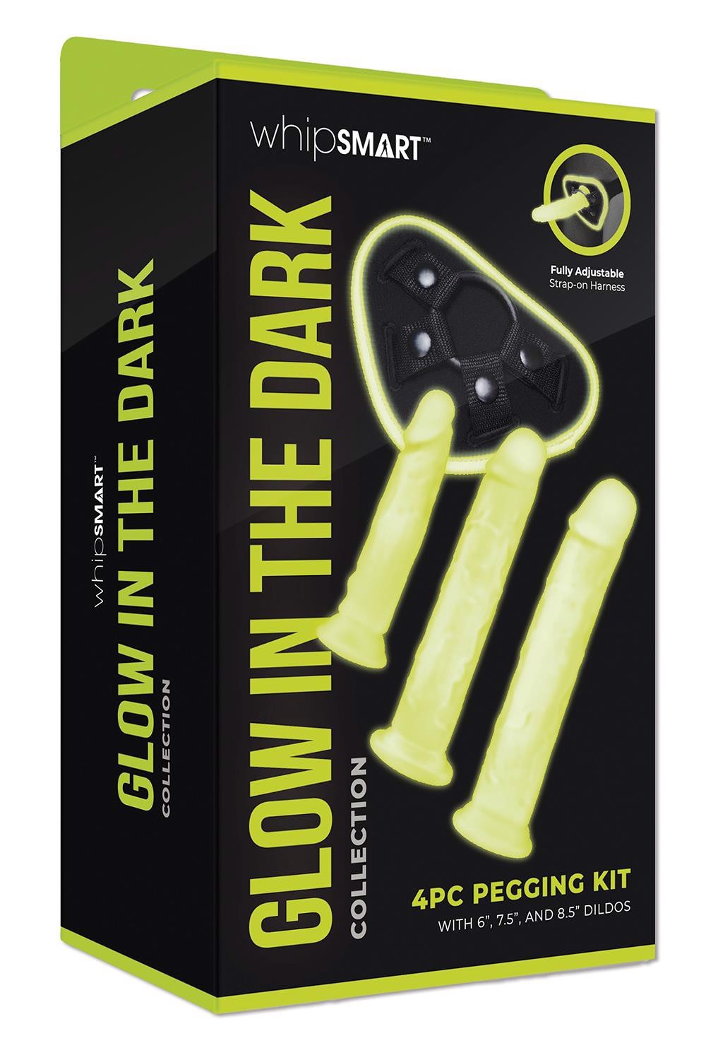 Страпон люмінесцентний Whipsmart Glow in the Dark із 3 насадками, чорний-білий