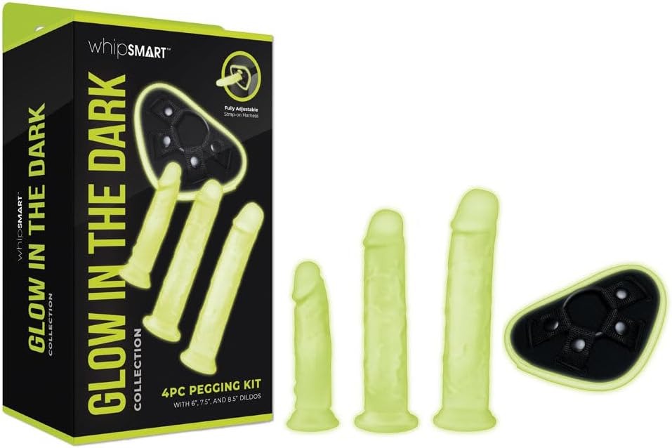 Страпон люмінесцентний Whipsmart Glow in the Dark із 3 насадками, чорний-білий