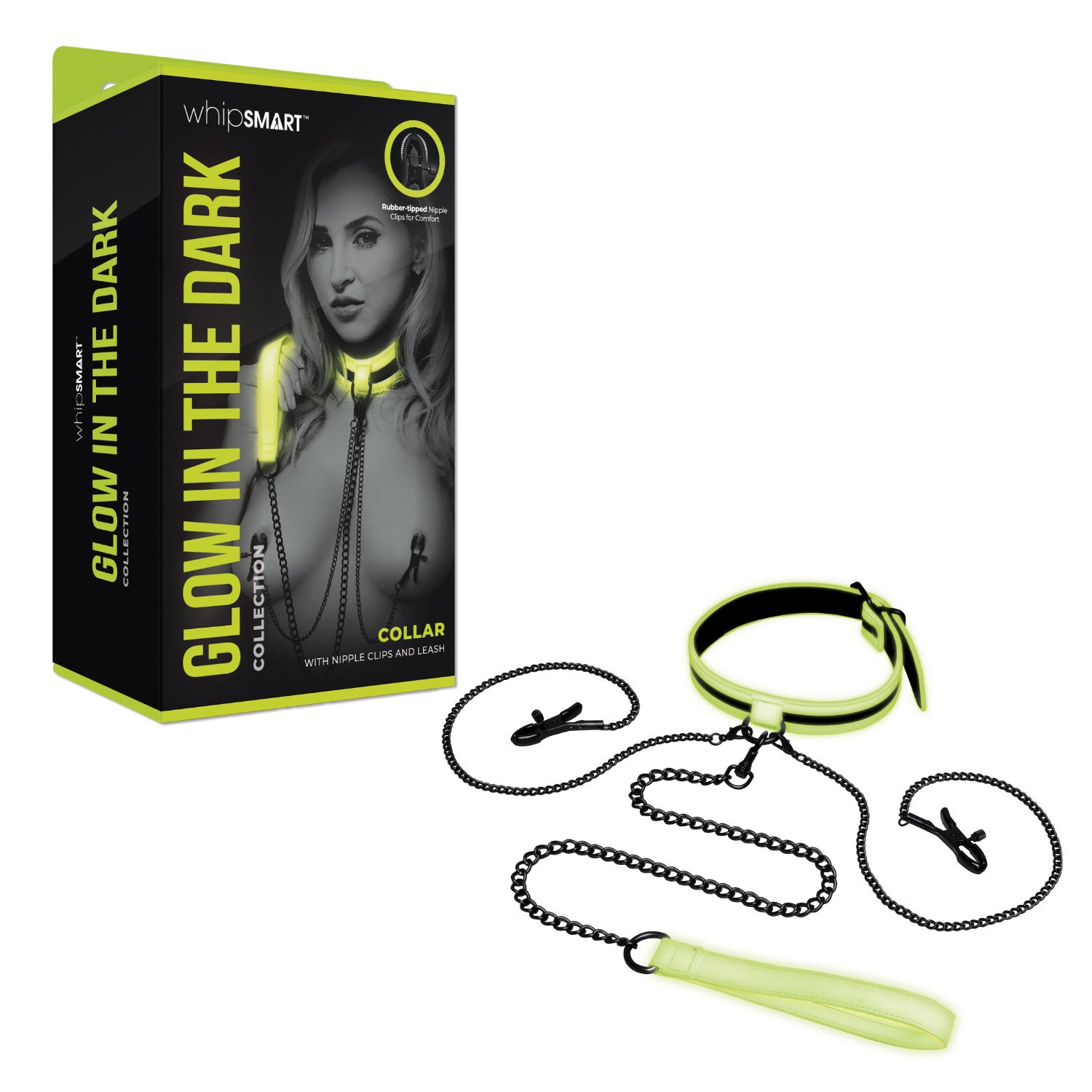 Ошейник с зажимами для сосков люминесцентный Whipsmart Glow In The Dark, зеленый