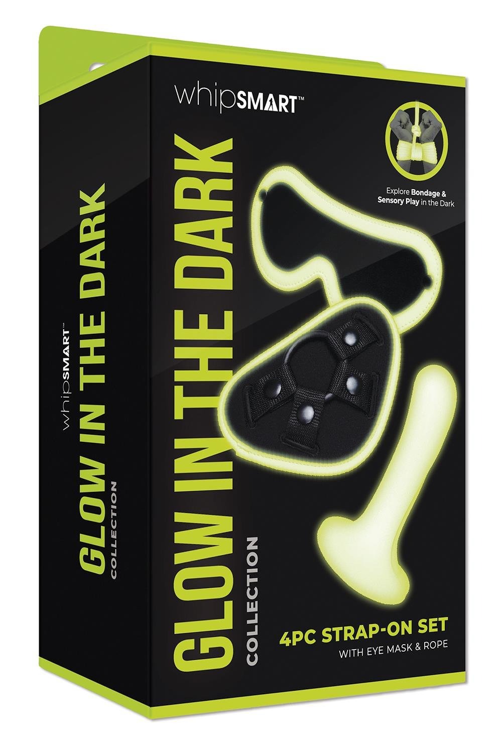 Набір БДСМ люмінесцентний Whipsmart Glow In The Dark страпон, маска на очі та мотузка