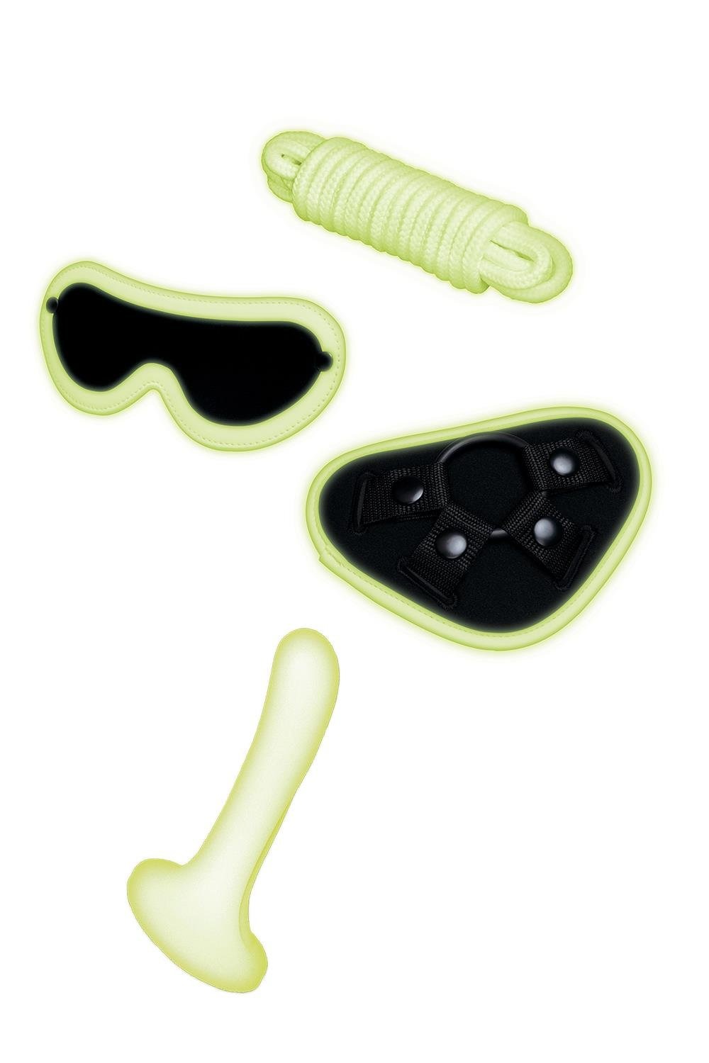 Набір БДСМ люмінесцентний Whipsmart Glow In The Dark страпон, маска на очі та мотузка