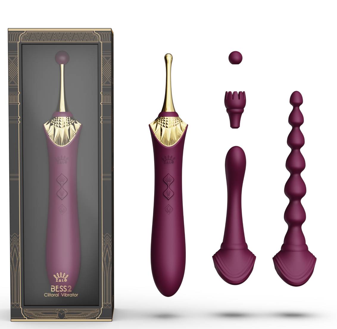 Вібратор двосторонній універсальний ZALO BESS 2 Velvet Purple з 4 насадками та нагріванням, фіолетовий