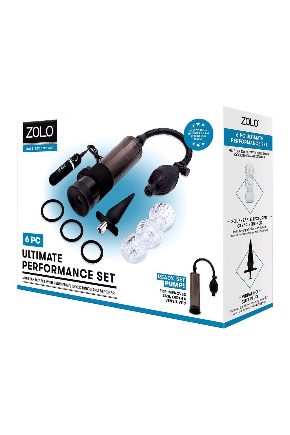 Помпа для пениса Zolo Ultimate Performance Set включающая в себя набор из 6 предметов, черный
