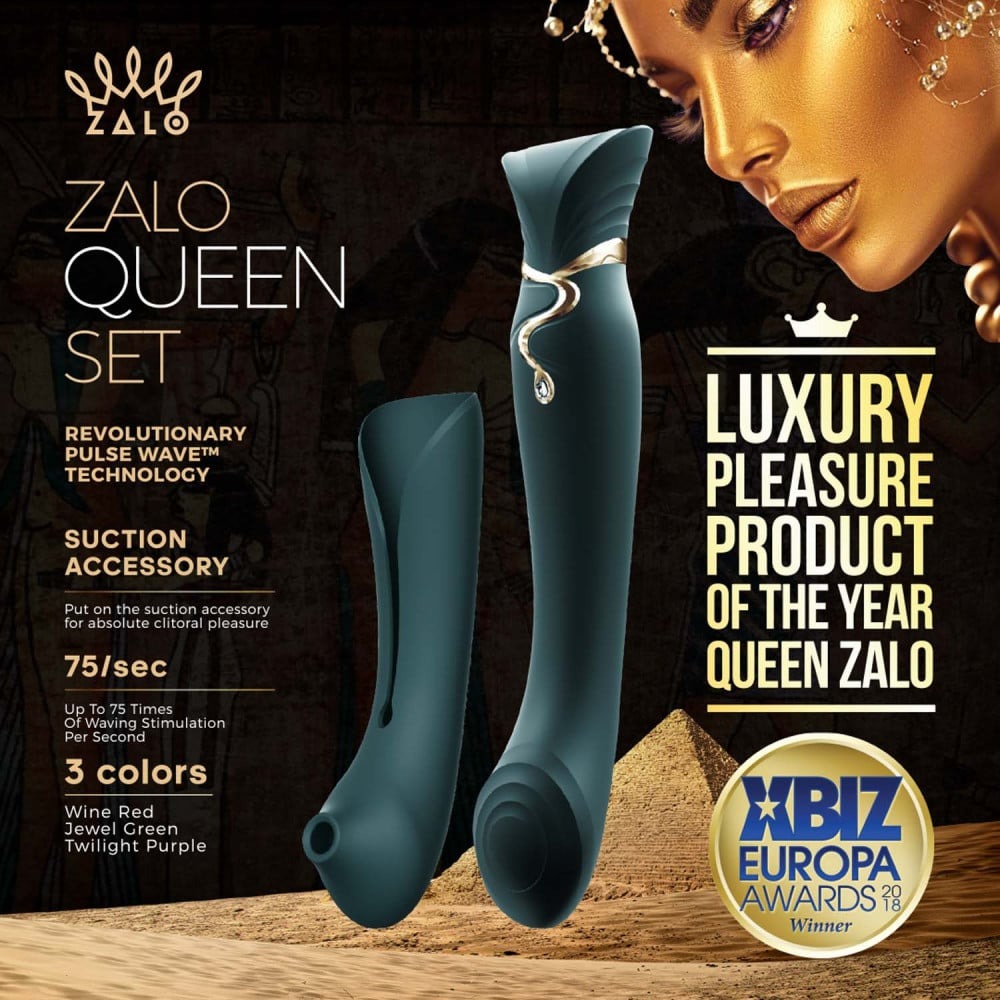 Вібратор із насадкою Zalo Queen Set з хвильовою стимуляцією, для клітора та точки G, зелений